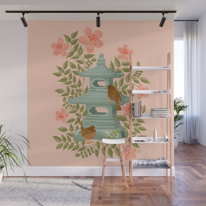 Serene Pagoda with Blossoms and Birds Wall Mural Gallery Image 1