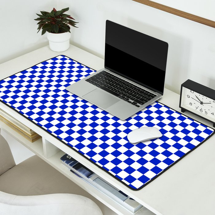 Cobalt Blue and White Checkerboard Pattern Desk Mat Gallery Image 2