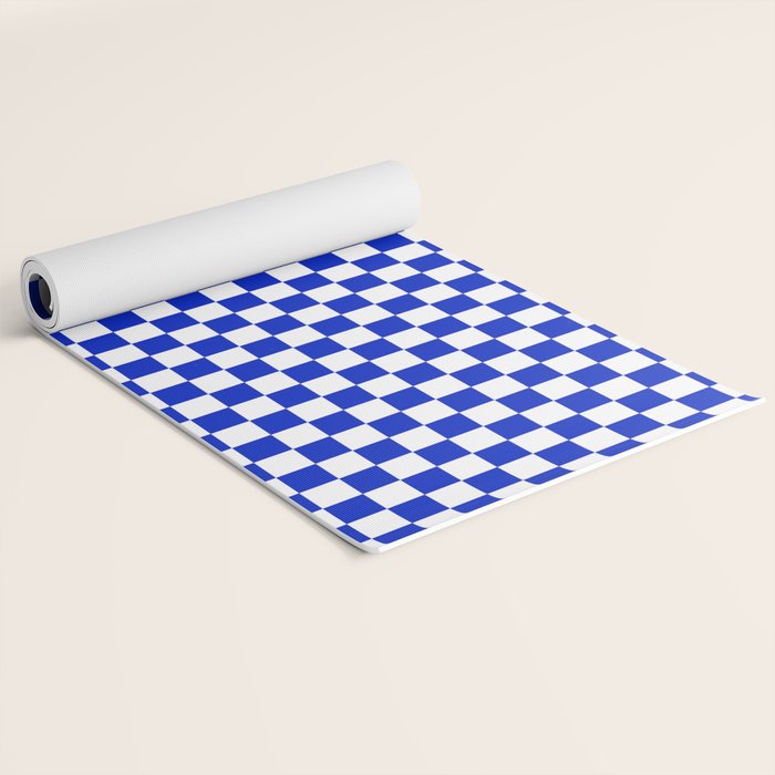 Cobalt Blue and White Checkerboard Pattern Yoga Mat Gallery Image 2