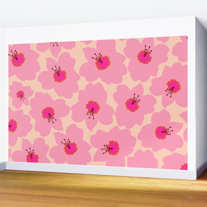 Orange And Pink Retro Floral Wall Mural Gallery Image 2