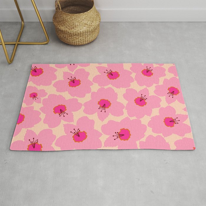 Orange And Pink Retro Floral Rug Gallery Image 1