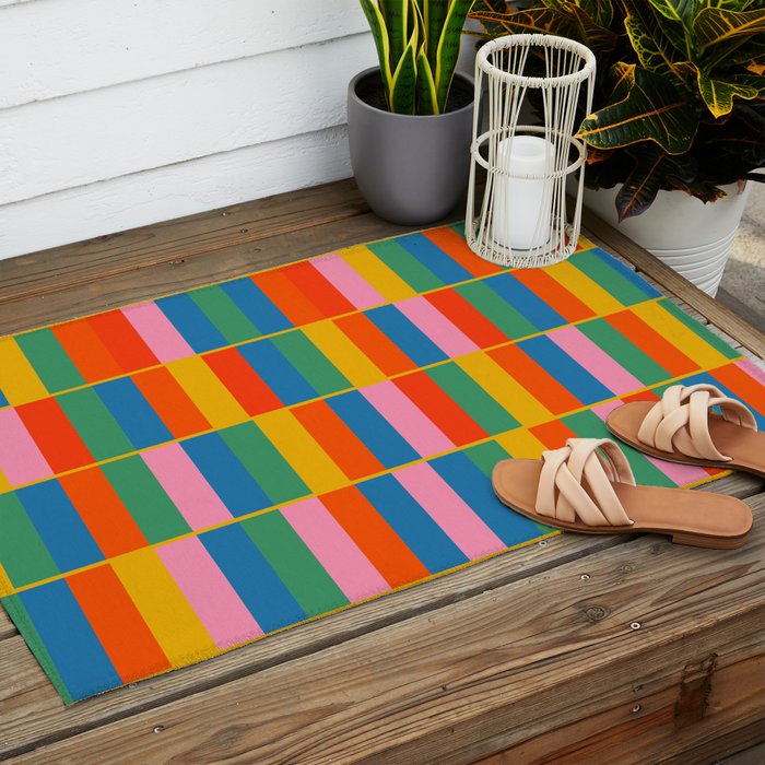 Long Blocks Colourful Geometric Check Pattern in Rainbow Pop Colors Outdoor Rug Gallery Image 2