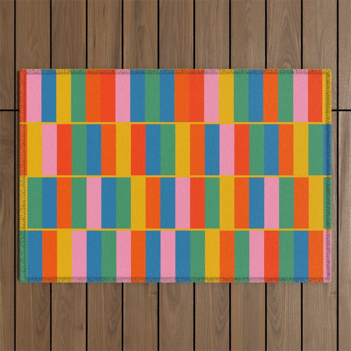 Long Blocks Colourful Geometric Check Pattern in Rainbow Pop Colors Outdoor Rug Gallery Image 1