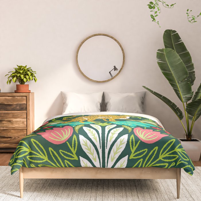 Cheetah Couple Illustration, Wild Cat Jungle Nature, Mandala Painting, Wildlife Tropical Tiger Comforter Gallery Image 3