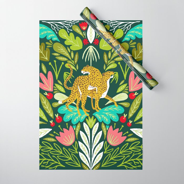 Cheetah Couple Illustration, Wild Cat Jungle Nature, Mandala Painting, Wildlife Tropical Tiger Wrapping Paper Gallery Image 1