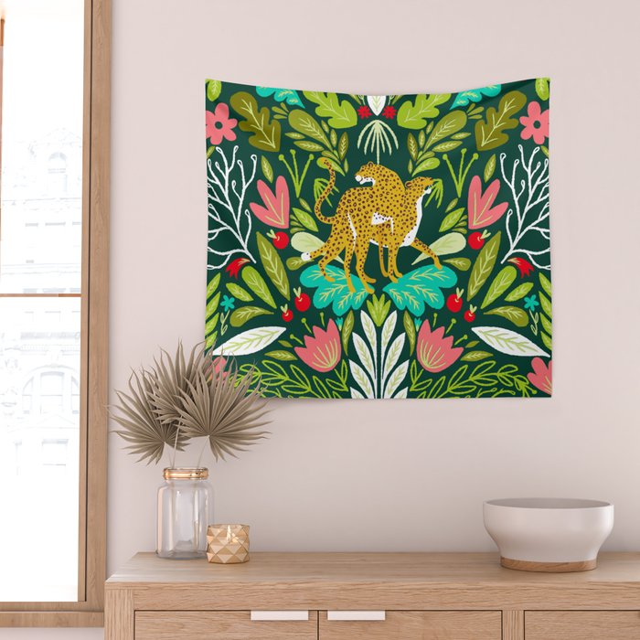 Cheetah Couple Illustration, Wild Cat Jungle Nature, Mandala Painting, Wildlife Tropical Tiger Wall Tapestry Gallery Image 2
