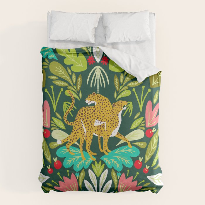 Cheetah Couple Illustration, Wild Cat Jungle Nature, Mandala Painting, Wildlife Tropical Tiger Duvet Cover Gallery Image 1