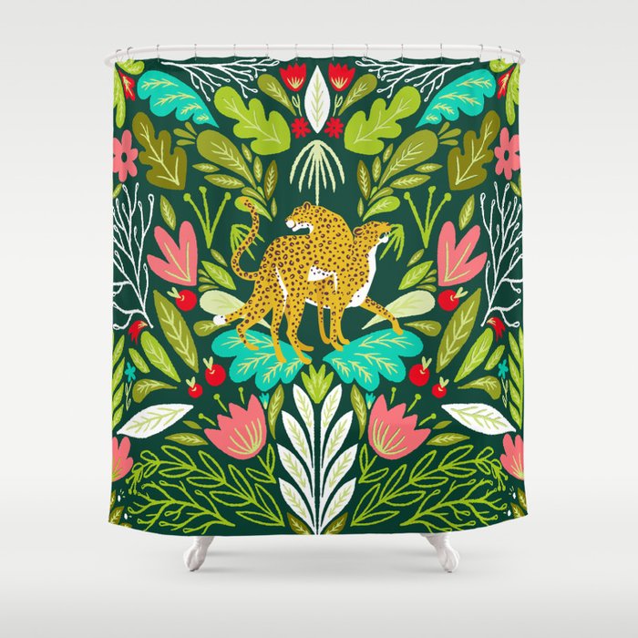 Cheetah Couple Illustration, Wild Cat Jungle Nature, Mandala Painting, Wildlife Tropical Tiger Shower Curtain Gallery Image 1