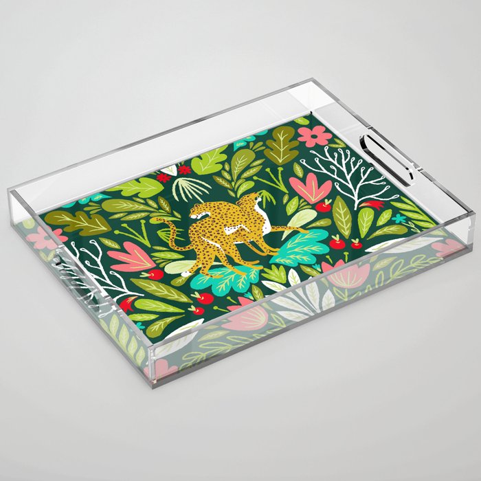 Cheetah Couple Illustration, Wild Cat Jungle Nature, Mandala Painting, Wildlife Tropical Tiger Acrylic Tray Gallery Image 1