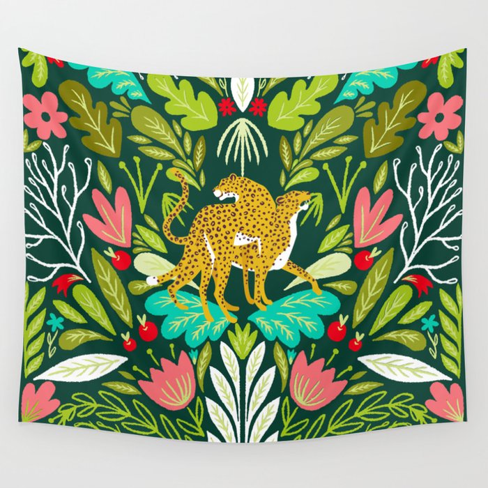 Cheetah Couple Illustration, Wild Cat Jungle Nature, Mandala Painting, Wildlife Tropical Tiger Wall Tapestry Gallery Image 4