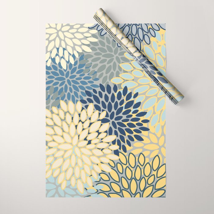 Floral Print, Yellow, Gray, Blue, Teal Wrapping Paper Gallery Image 1