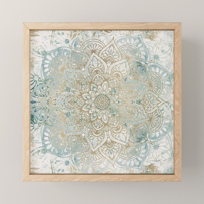 Mandala Flower, Teal and Gold, Floral Prints Mini Art Print Gallery Image 1