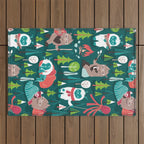 Besties // green background white Yeti brown Bigfoot aqua yellow green and teal pine trees red and coral details Outdoor Rug Gallery Image 1