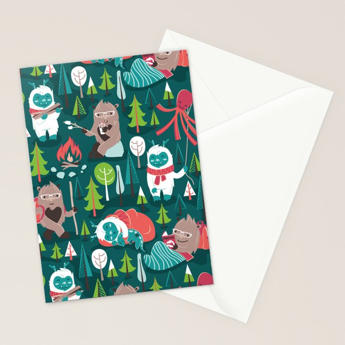 Besties // green background white Yeti brown Bigfoot aqua yellow green and teal pine trees red and coral details Stationery Card Gallery Image 2