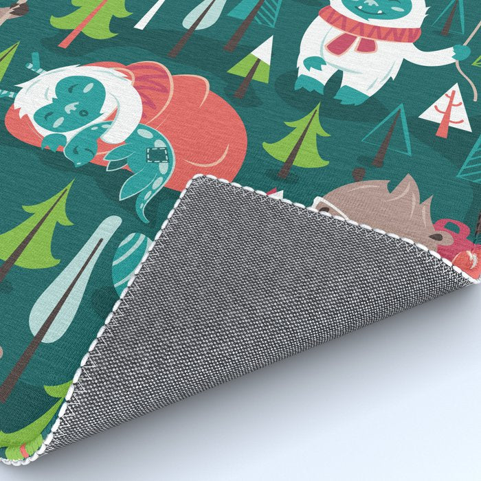 Besties // green background white Yeti brown Bigfoot aqua yellow green and teal pine trees red and coral details Rug Gallery Image 4