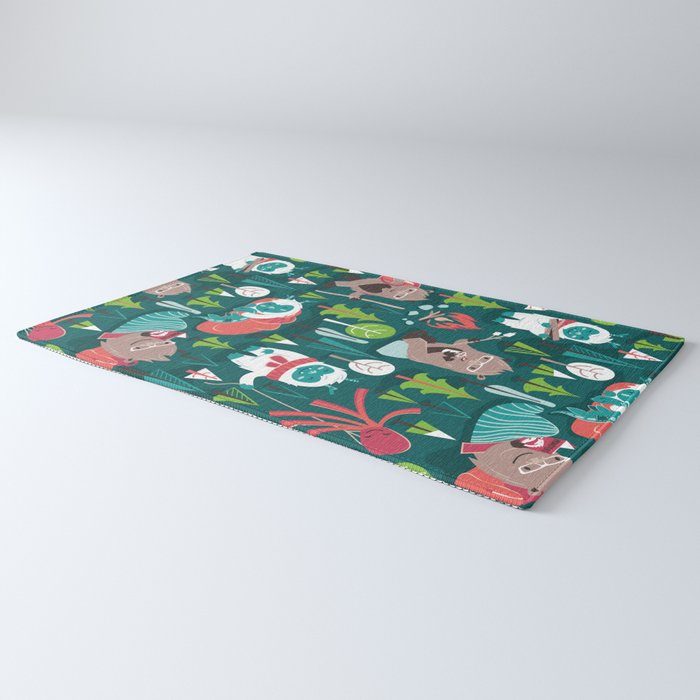Besties // green background white Yeti brown Bigfoot aqua yellow green and teal pine trees red and coral details Rug Gallery Image 3