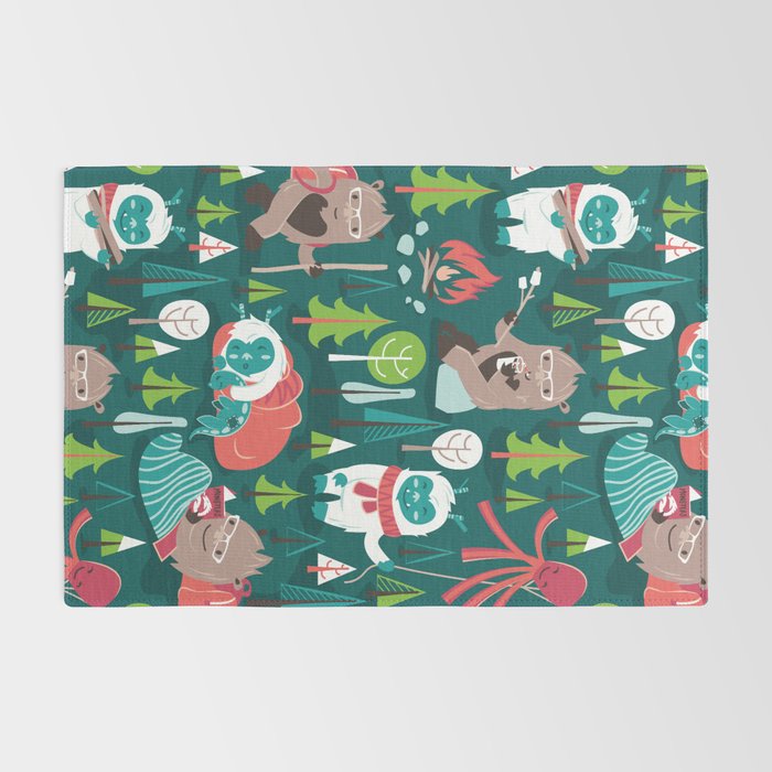 Besties // green background white Yeti brown Bigfoot aqua yellow green and teal pine trees red and coral details Rug Gallery Image 2