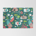 Besties // green background white Yeti brown Bigfoot aqua yellow green and teal pine trees red and coral details Rug Gallery Image 2