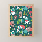 Besties // green background white Yeti brown Bigfoot aqua yellow green and teal pine trees red and coral details Mini Art Print Gallery Image 1