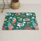 Besties // green background white Yeti brown Bigfoot aqua yellow green and teal pine trees red and coral details Rug Gallery Image 1