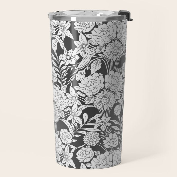 Vintage bohemian black white roses country floral Travel Mug Gallery Image 2