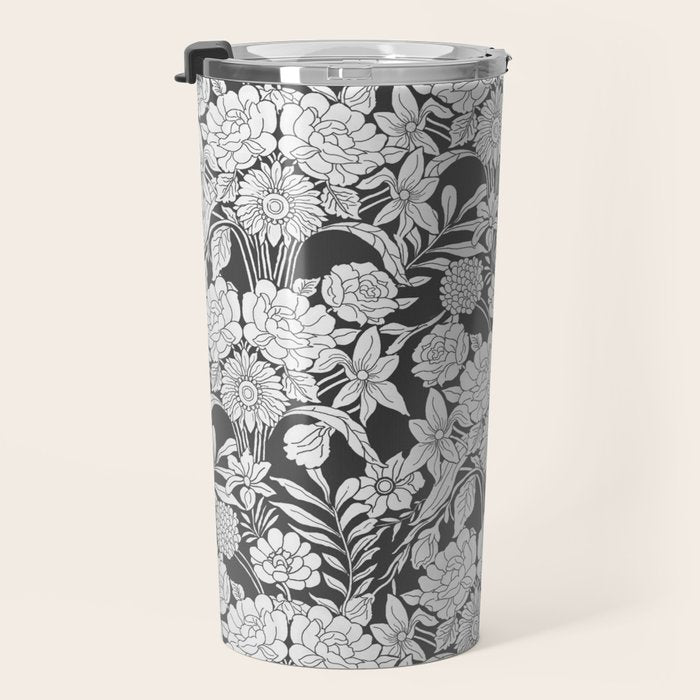 Vintage bohemian black white roses country floral Travel Mug Gallery Image 3