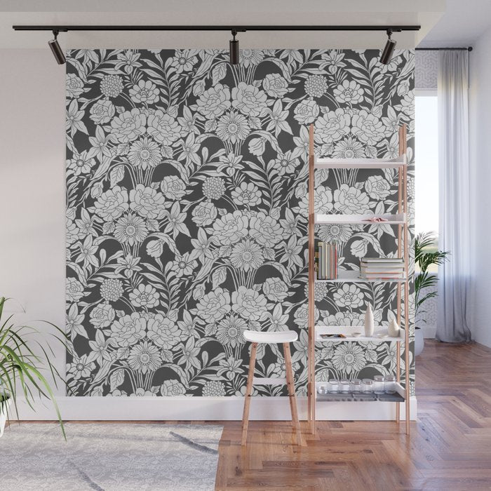 Vintage bohemian black white roses country floral Wall Mural Gallery Image 1
