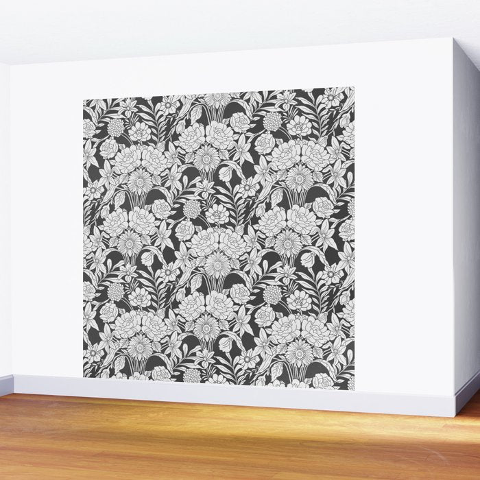 Vintage bohemian black white roses country floral Wall Mural Gallery Image 2