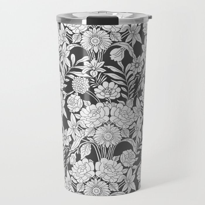 Vintage bohemian black white roses country floral Travel Mug Gallery Image 1