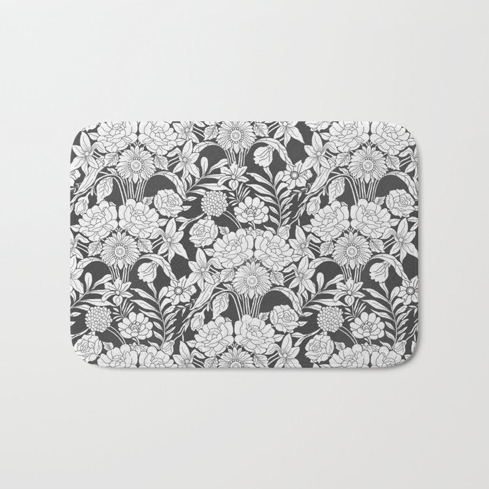 Vintage bohemian black white roses country floral Bath Mat Gallery Image 1
