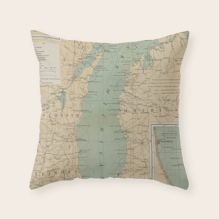 Vintage Lake Michigan Lighthouse Map (1898) Throw Pillow Gallery Image 1