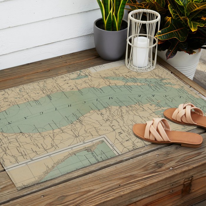 Vintage Lake Michigan Lighthouse Map (1898) Outdoor Rug Gallery Image 2