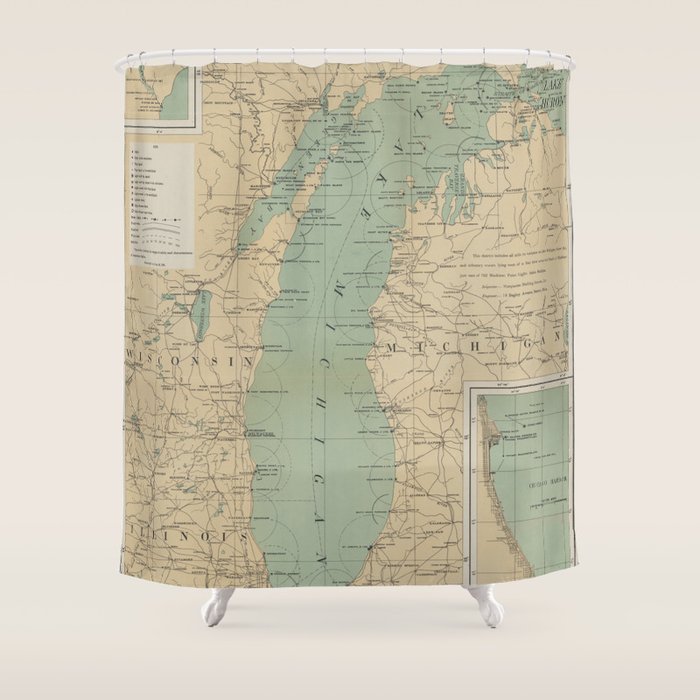 Vintage Lake Michigan Lighthouse Map (1898) Shower Curtain Gallery Image 1