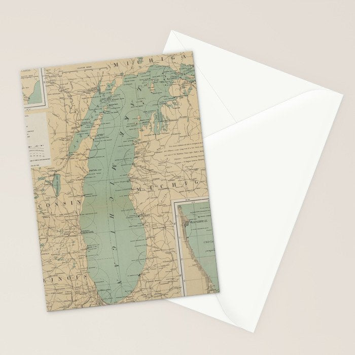 Vintage Lake Michigan Lighthouse Map (1898) Stationery Card Gallery Image 2