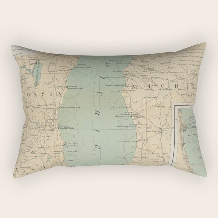 Vintage Lake Michigan Lighthouse Map (1898) Rectangular Pillow Gallery Image 1