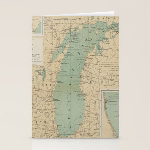 Vintage Lake Michigan Lighthouse Map (1898) Stationery Card Gallery Image 2