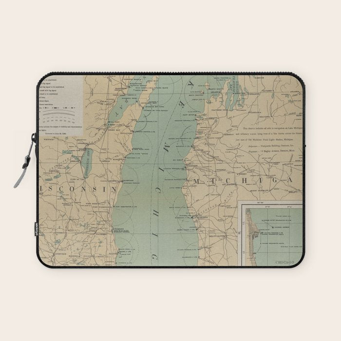 Vintage Lake Michigan Lighthouse Map (1898) Laptop Sleeve Gallery Image 1