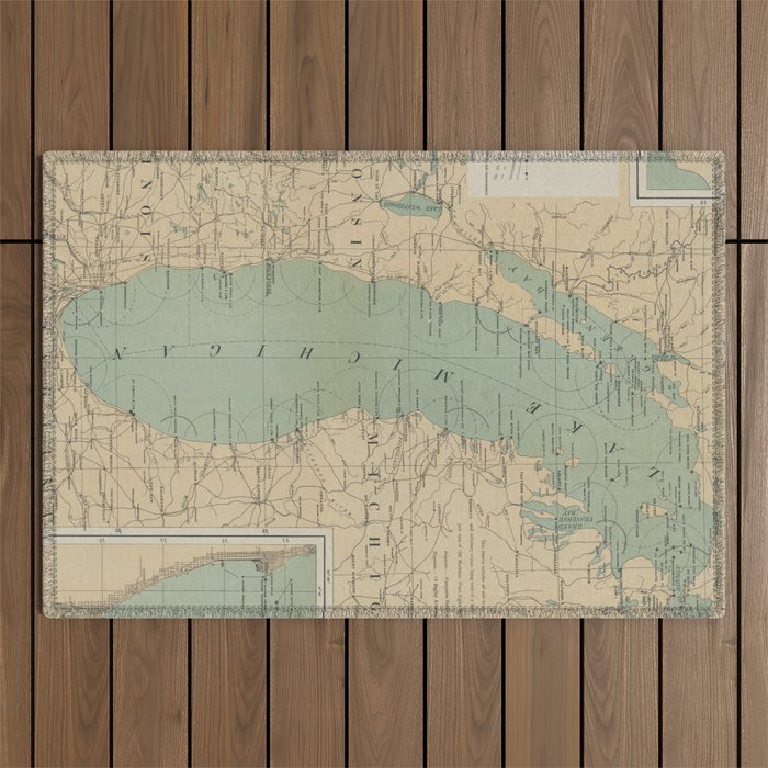 Vintage Lake Michigan Lighthouse Map (1898) Outdoor Rug Gallery Image 1