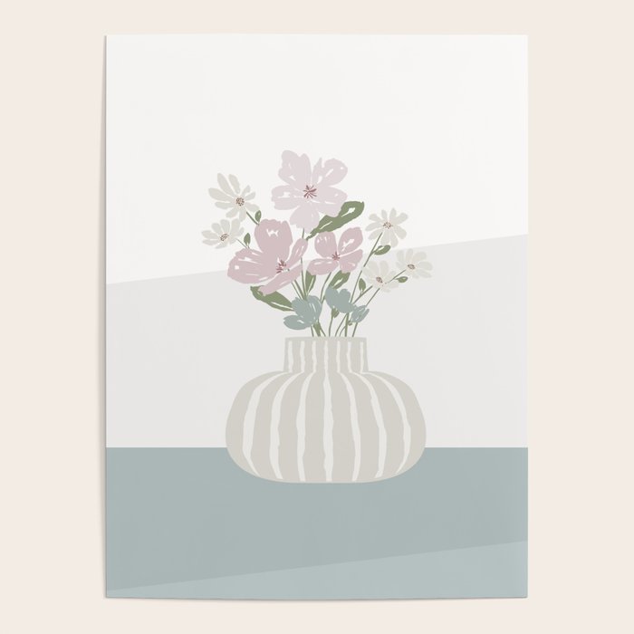 Wildflower bouquet in vase illustration - beige muted pink and dusty green flowers Poster Gallery Image 4