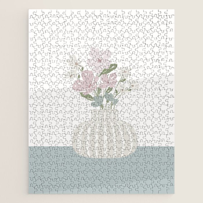 Wildflower bouquet in vase illustration - beige muted pink and dusty green flowers Jigsaw Puzzle Gallery Image 1
