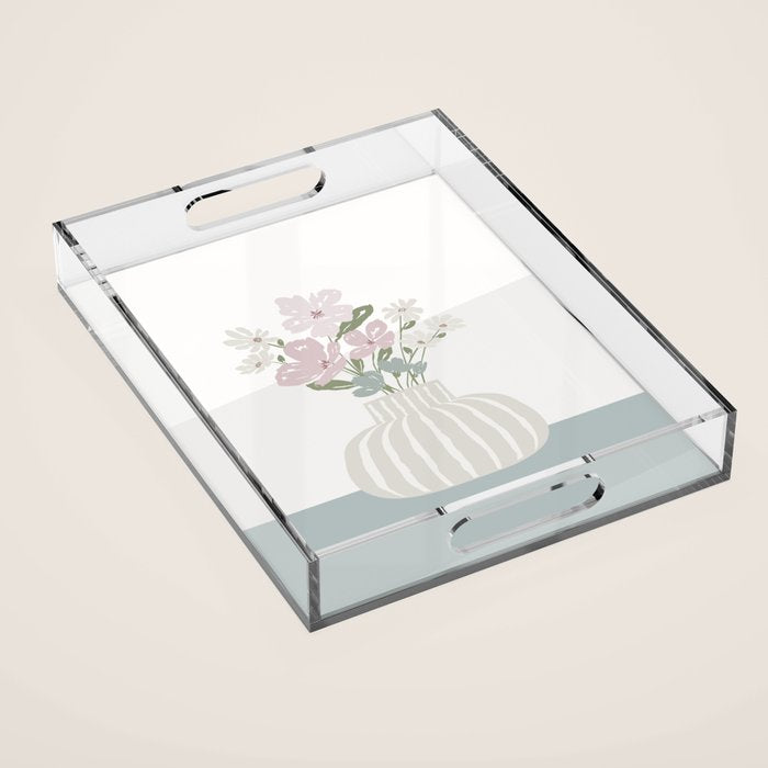 Wildflower bouquet in vase illustration - beige muted pink and dusty green flowers Acrylic Tray Gallery Image 1