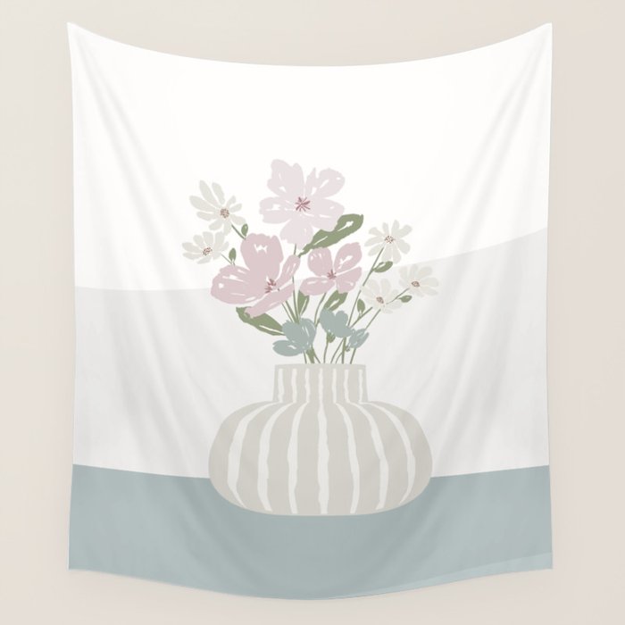 Wildflower bouquet in vase illustration - beige muted pink and dusty green flowers Wall Tapestry Gallery Image 4