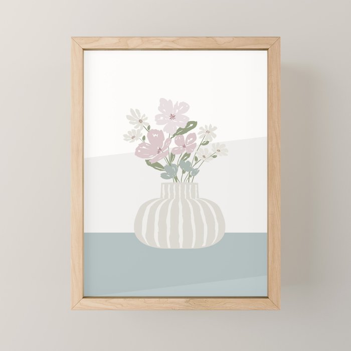 Wildflower bouquet in vase illustration - beige muted pink and dusty green flowers Mini Art Print Gallery Image 1