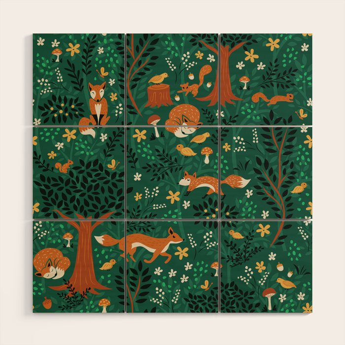 Foxes Playing in the Emerald Forest Wood Wall Art Gallery Image 1