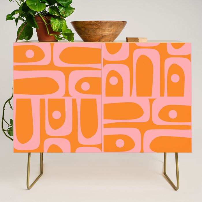 Mid Century Modern Piquet Multi Geometric Pop Pattern in Orange and Pink Credenza Gallery Image 1