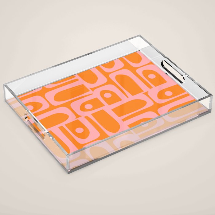 Mid Century Modern Piquet Multi Geometric Pop Pattern in Orange and Pink Acrylic Tray Gallery Image 1