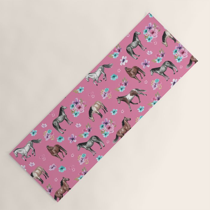 Pink Horse Print, Hand Drawn, Horses and Flowers, Girls Room, Yoga Mat Gallery Image 1