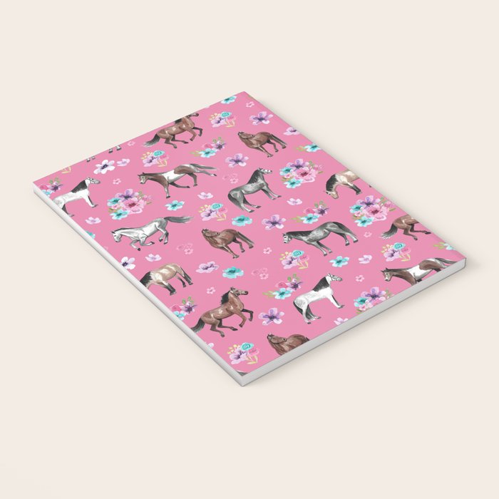 Pink Horse Print, Hand Drawn, Horses and Flowers, Girls Room, Notebook Gallery Image 3