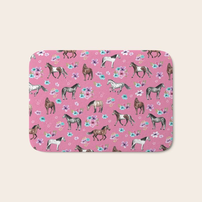 Pink Horse Print, Hand Drawn, Horses and Flowers, Girls Room, Bath Mat Gallery Image 1