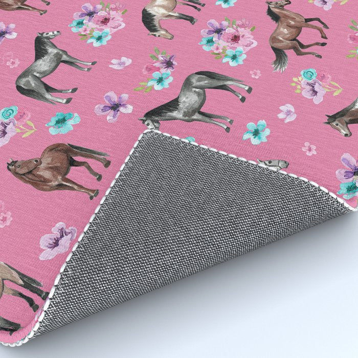 Pink Horse Print, Hand Drawn, Horses and Flowers, Girls Room, Rug Gallery Image 4